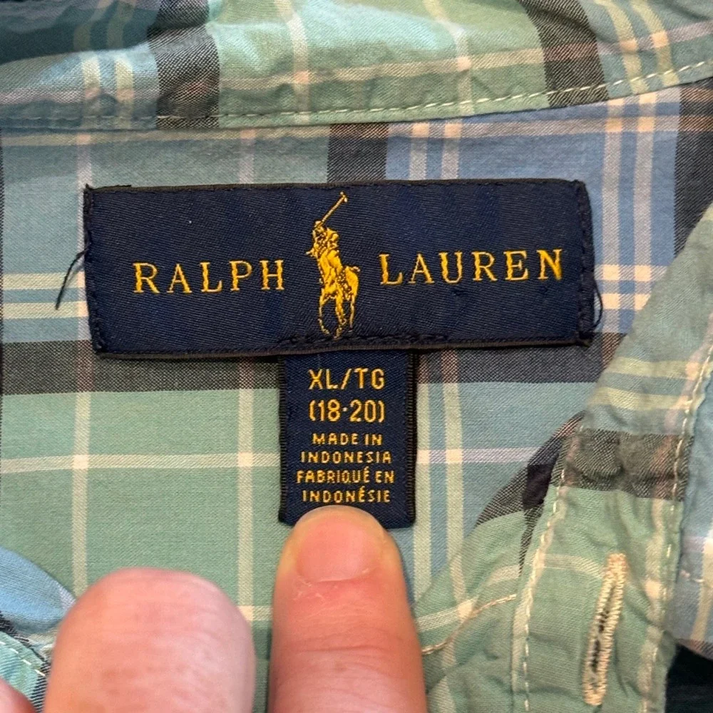 Ralph Lauren Kids XL 18-20 Blue Green Plaid‎ Cotton Button Down Shirt Pony Logo